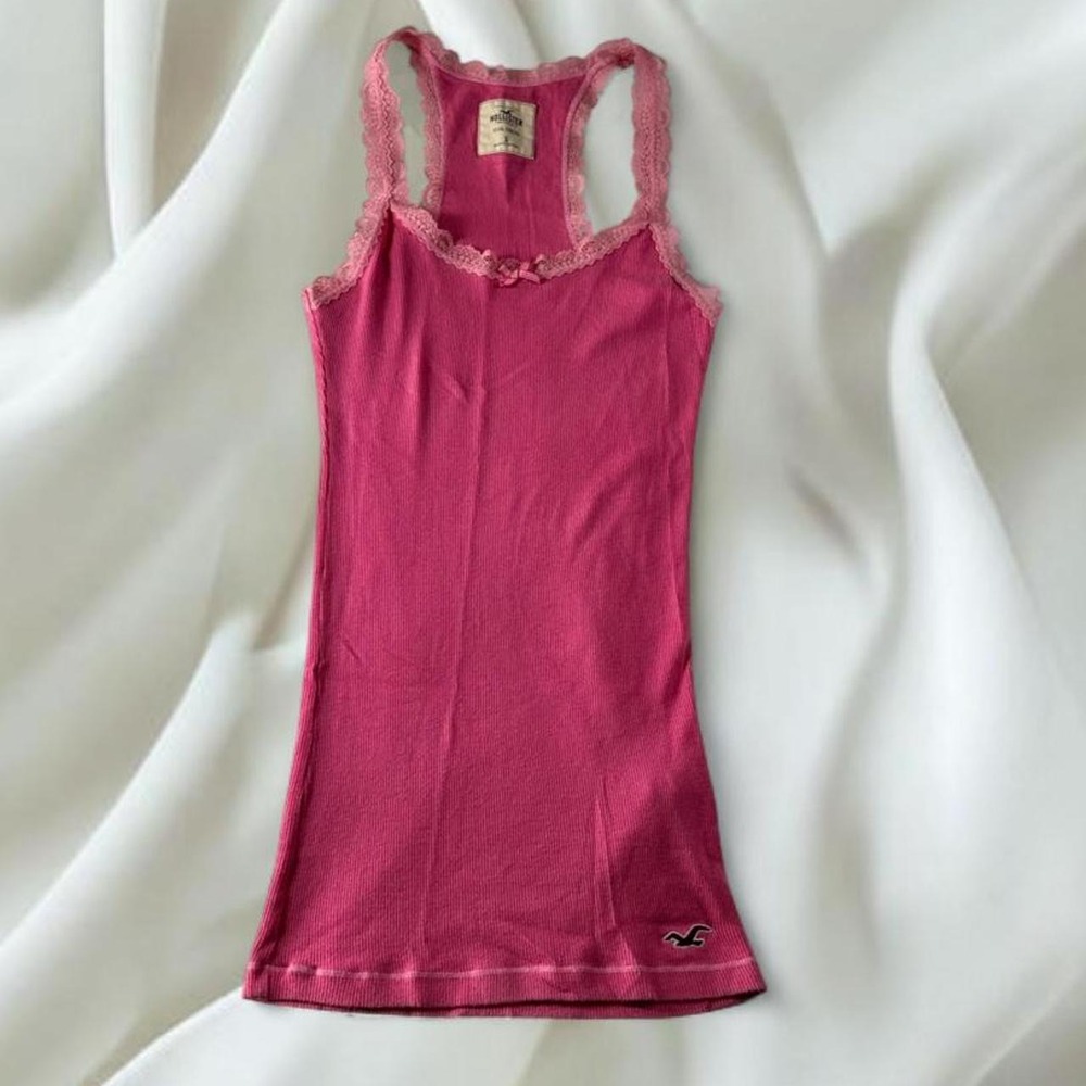 Hollister pink lace trim racerback cami babydoll tank top bow detail y2k mcbling